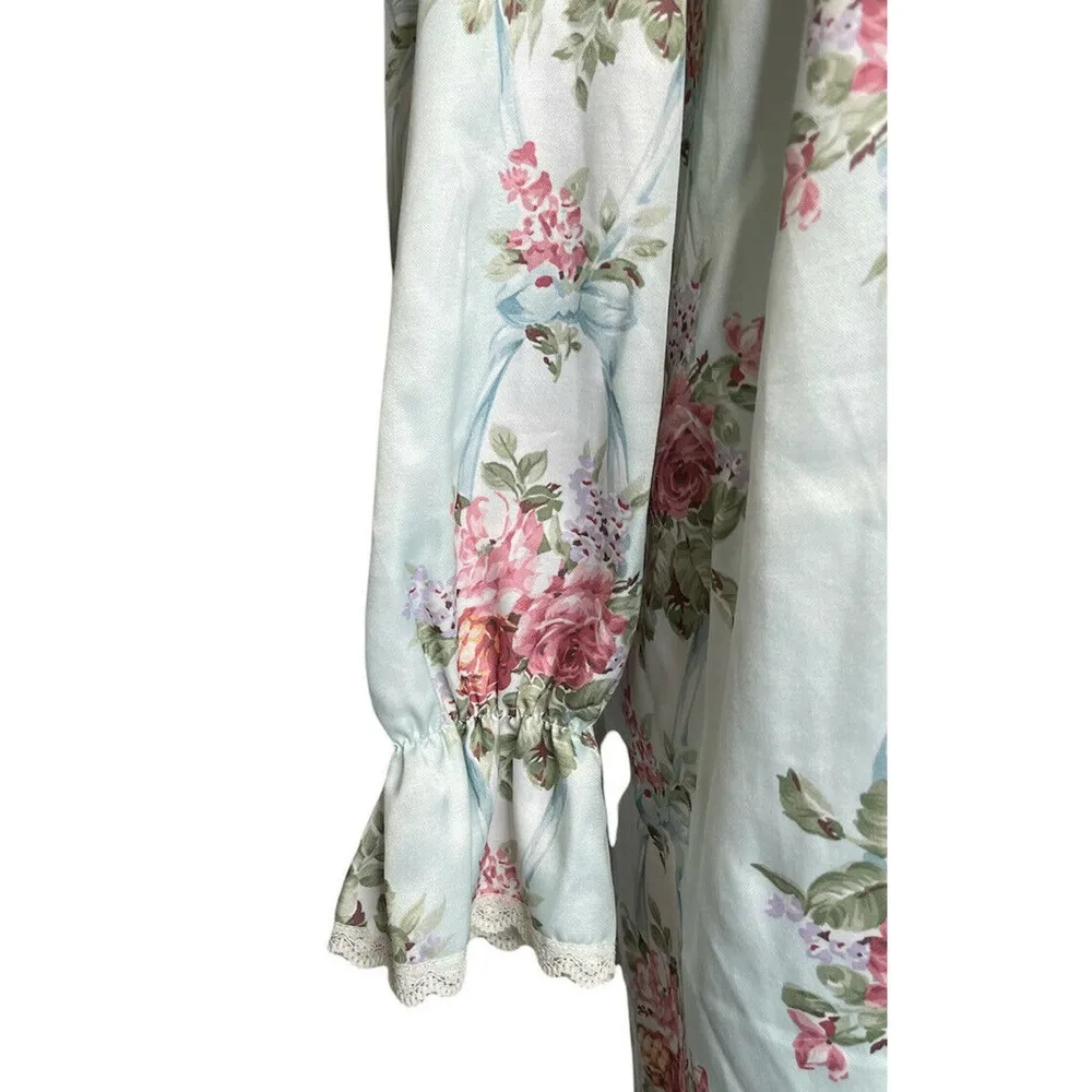Vintage CHELSEAS COTTAGE Blue Pink Floral Cottage Core Fleece Lined Nightie Sz S - Image 4