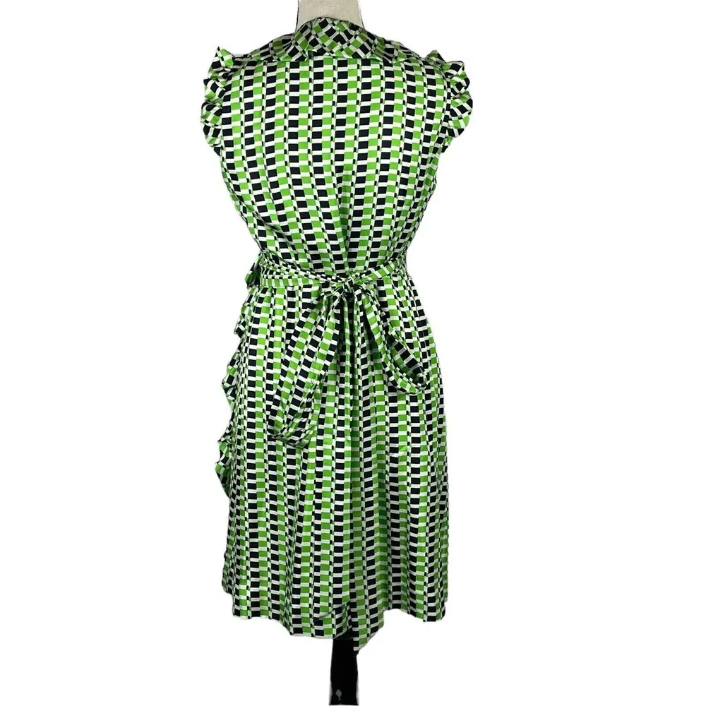 Kate Spade SZ 8 Aubrey Silk Wrap Dress Geometric Check Ruffled Neck Belted Lined - Image 5