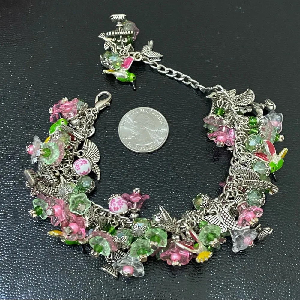 Handmade Spring Themed Flowers Hummingbird Chunky Beaded Fun Bracelet - Image 14