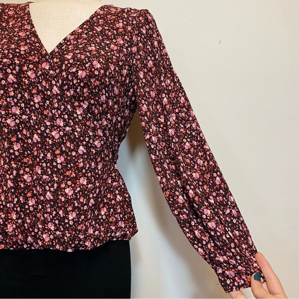 & Other Stories Floral Long Puff Sleeve Wrap Blouse Black/Pink Sz 6 Small - Image 8