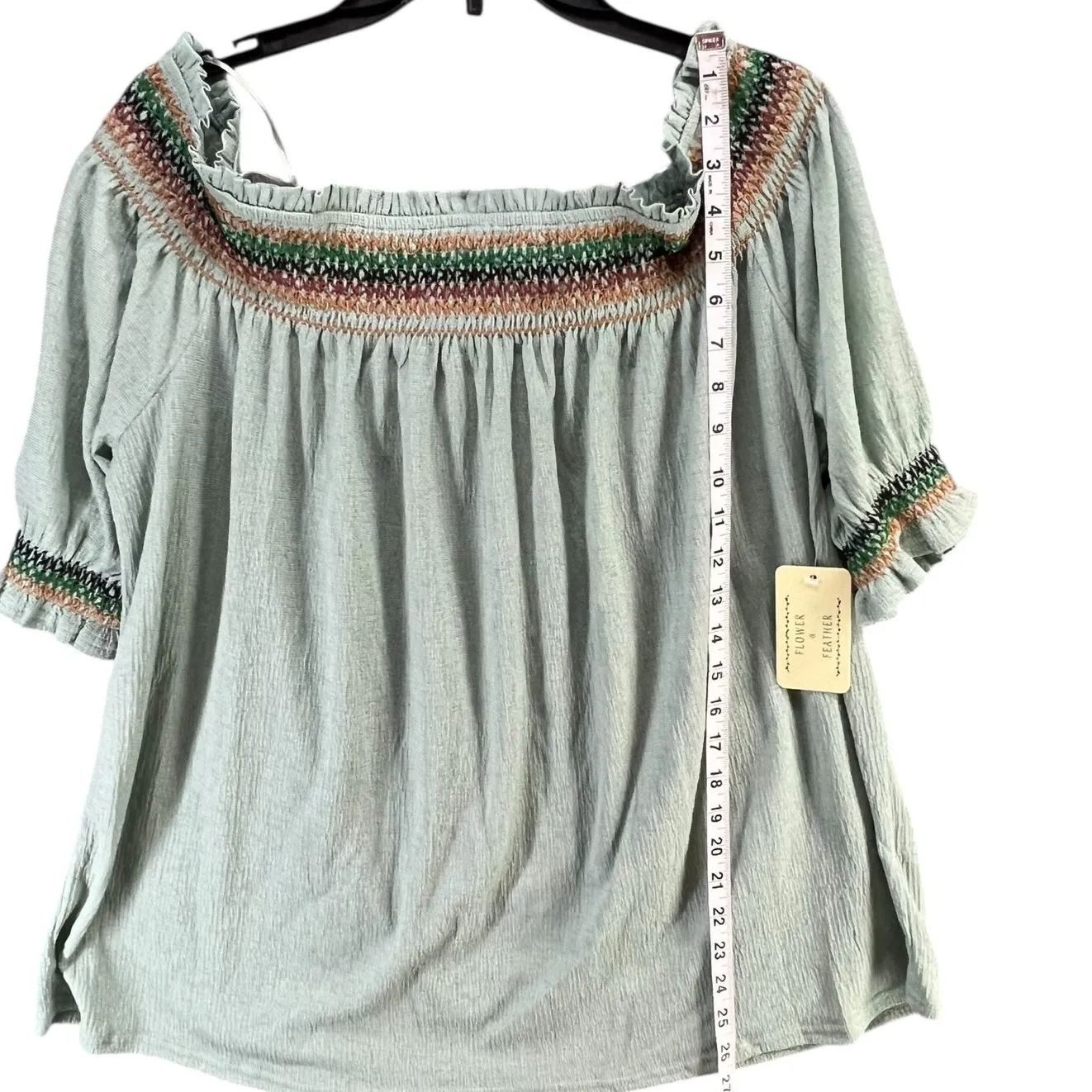 Flower & Feather Off Shoulder Top Women 3XL Light Green Embroidered Peasant Boho Size 3X - Image 7