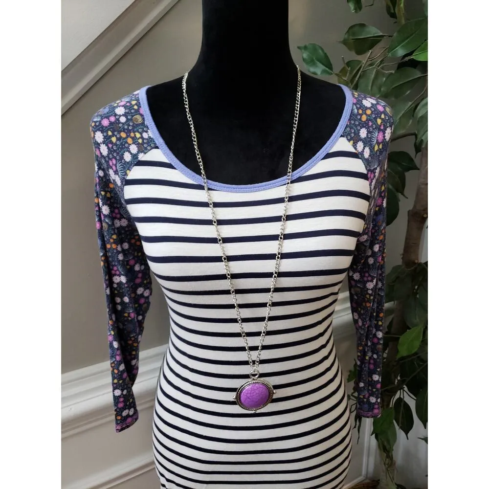 Matilda Jane Top Women M White Navy Striped Floral Sleeve Long Tunic Shirt - Image 3