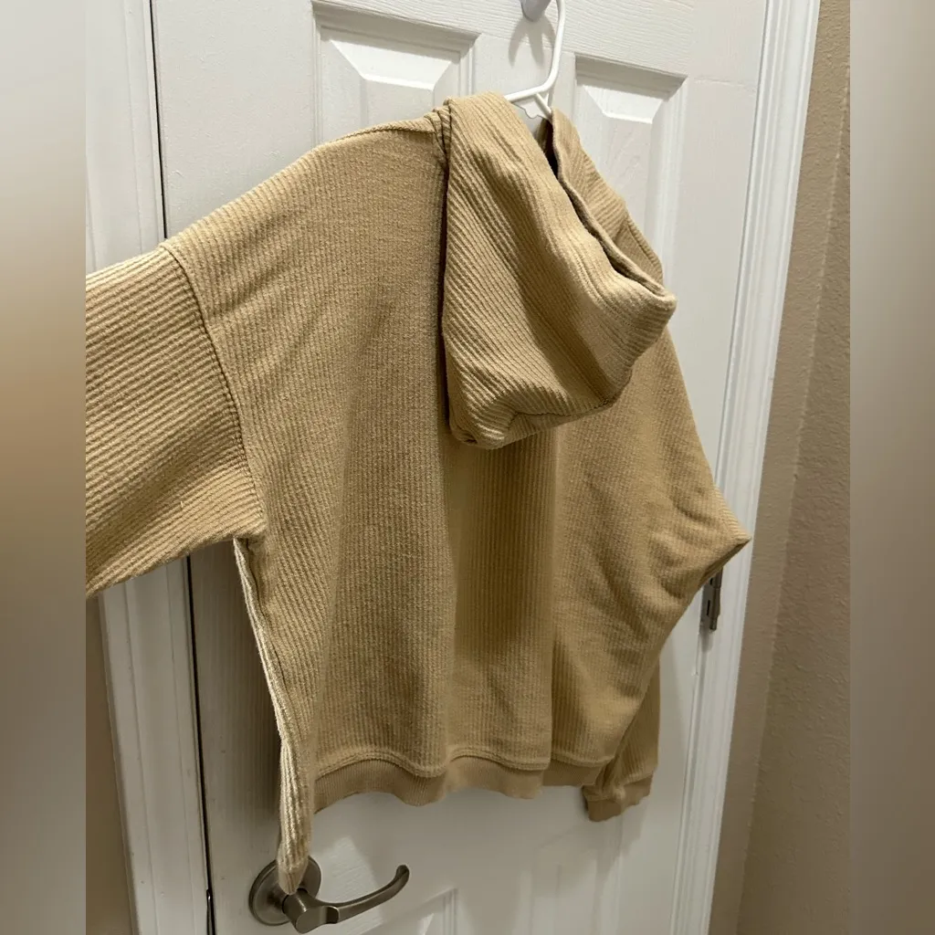 AERIE ribbed cropped drawstring sweatshirt hoodie size Medium tan - Image 9