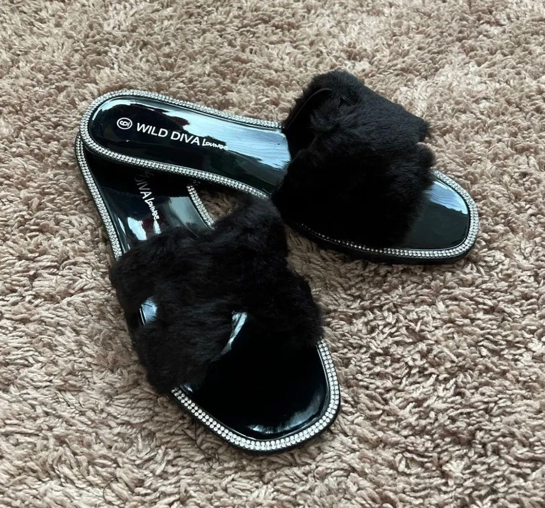 Black Faur Fur Embellished Sandals - Image 3