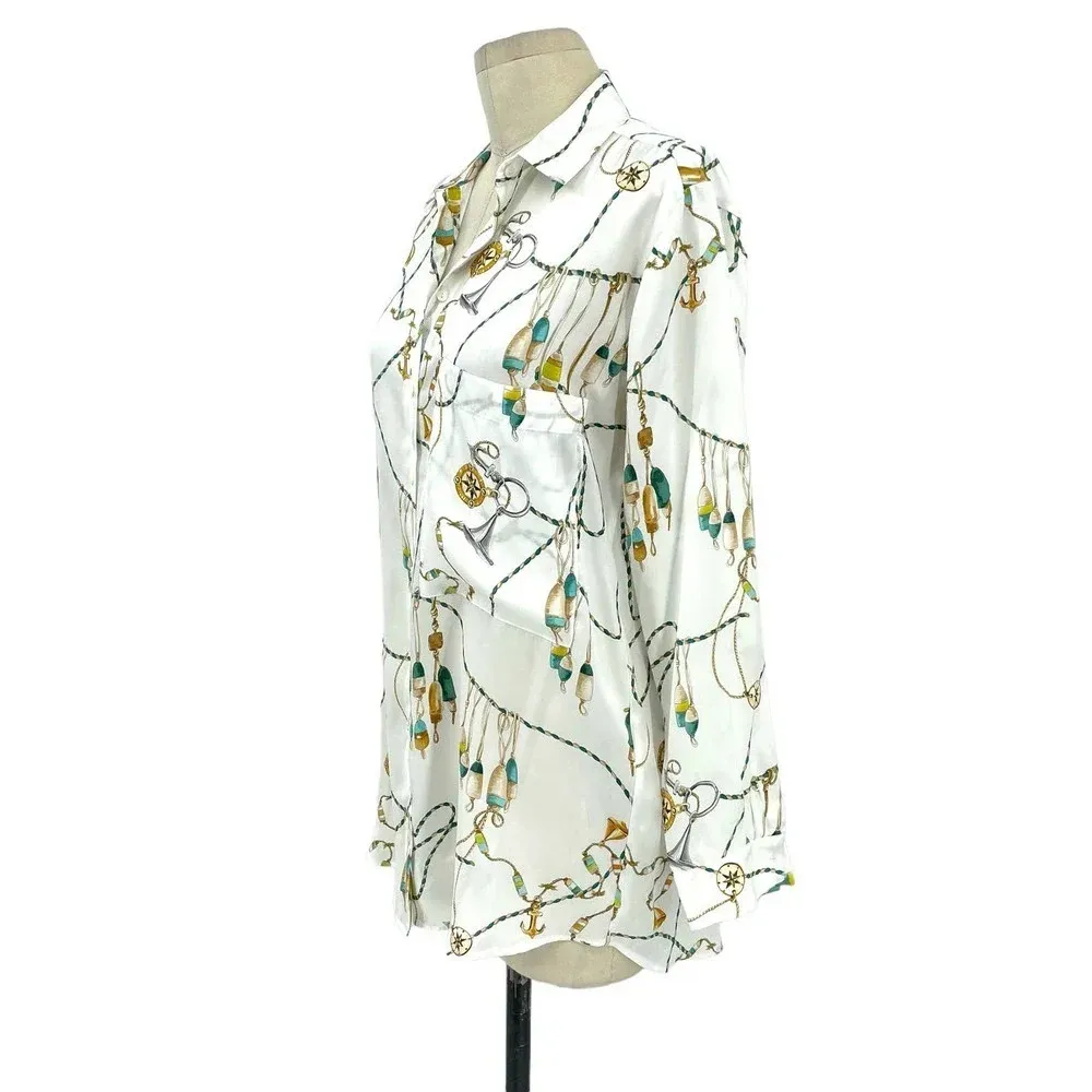 Zara Button Down Nautical Chain Printed Long Sleeve‎ Blouse White Size Small - Image 6