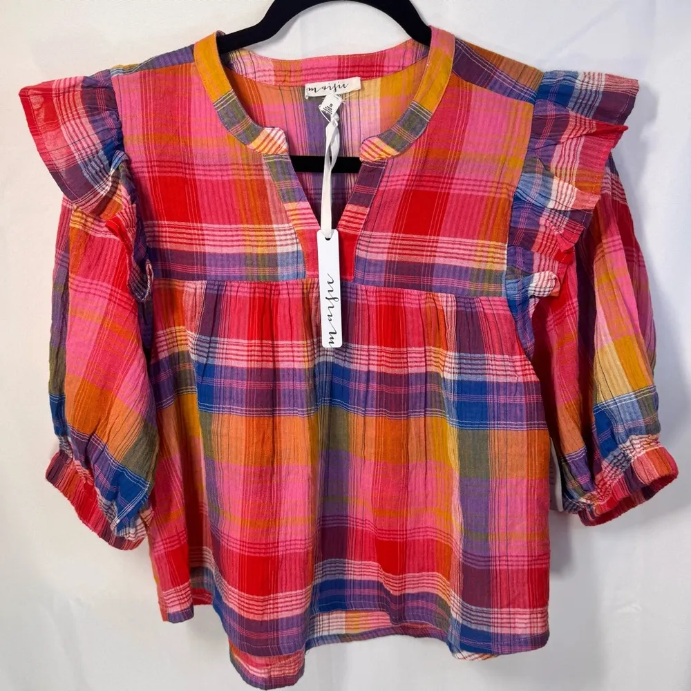 NWT Rainbow Plaid Boho top from Nordstrom- Size Small - Image 2