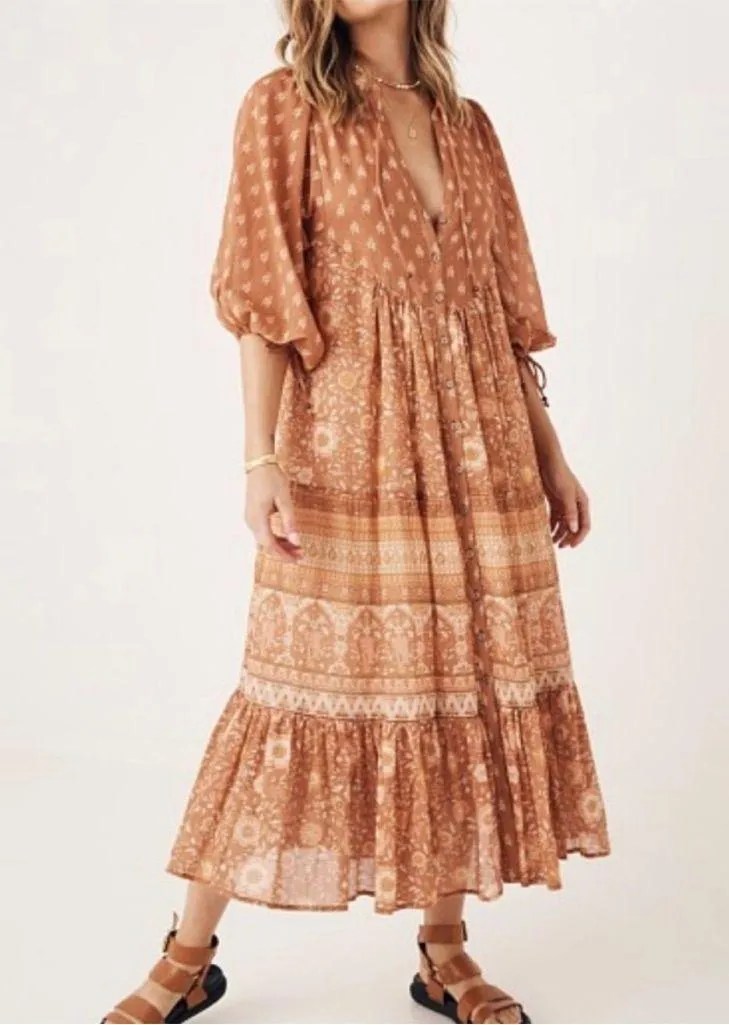 Spell & the Gypsy Utopia Short Sleeve Midi Dress, Color Cinnamon, Size M, NWT Orange Size M - Image 10