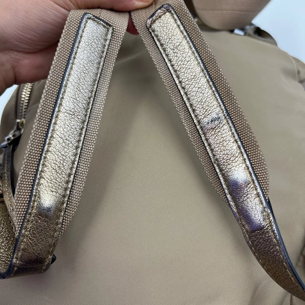 MZ Wallace Marlena Bedford Nylon Drawstring Backpack Tan Metallic Leather Trim - Image 12