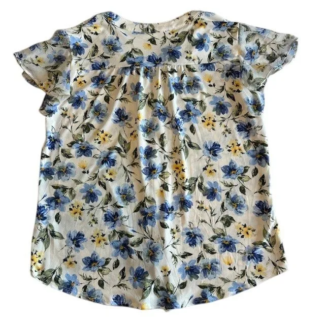 Perseption Concept Floral Ruffle Blouse Button Down Top Short Sleeve Size‎ L Blue Size L - Image 3