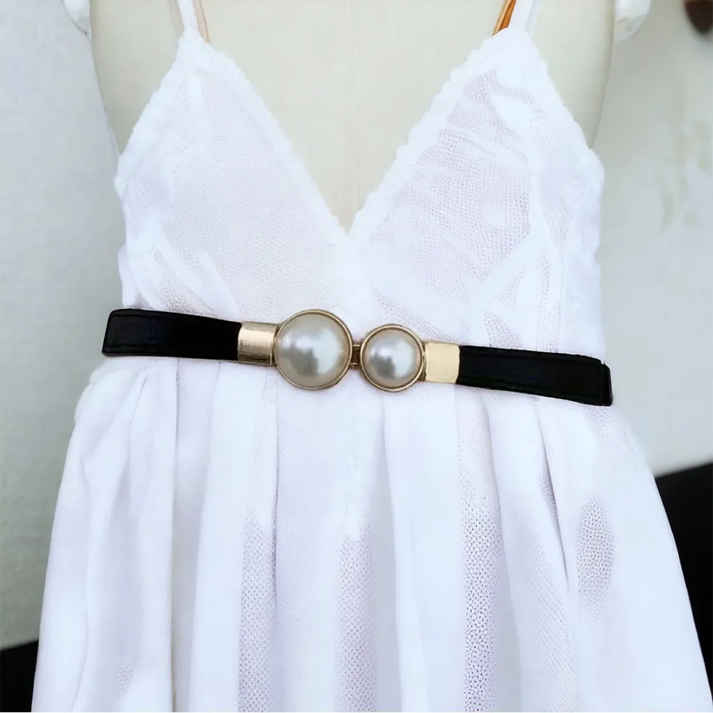 Thin Double Faux Pearl Buckle Solid Color PU Leather Waist Thin‎ Belt One Size Black - Image 3