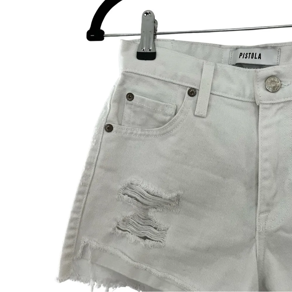PISTOLA High Waist Distresssed White Mini Denim Shorts Sz 24 - Image 3