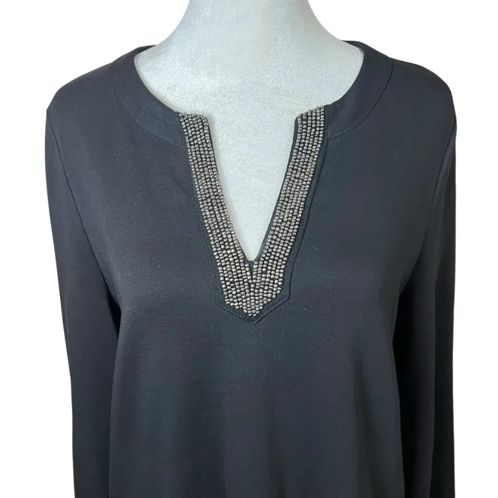 CHICO’S Black Long Sleeve Tunic Top Pima Cotton Beaded V-Neck Stretch Sz 1 US 8 - Image 2