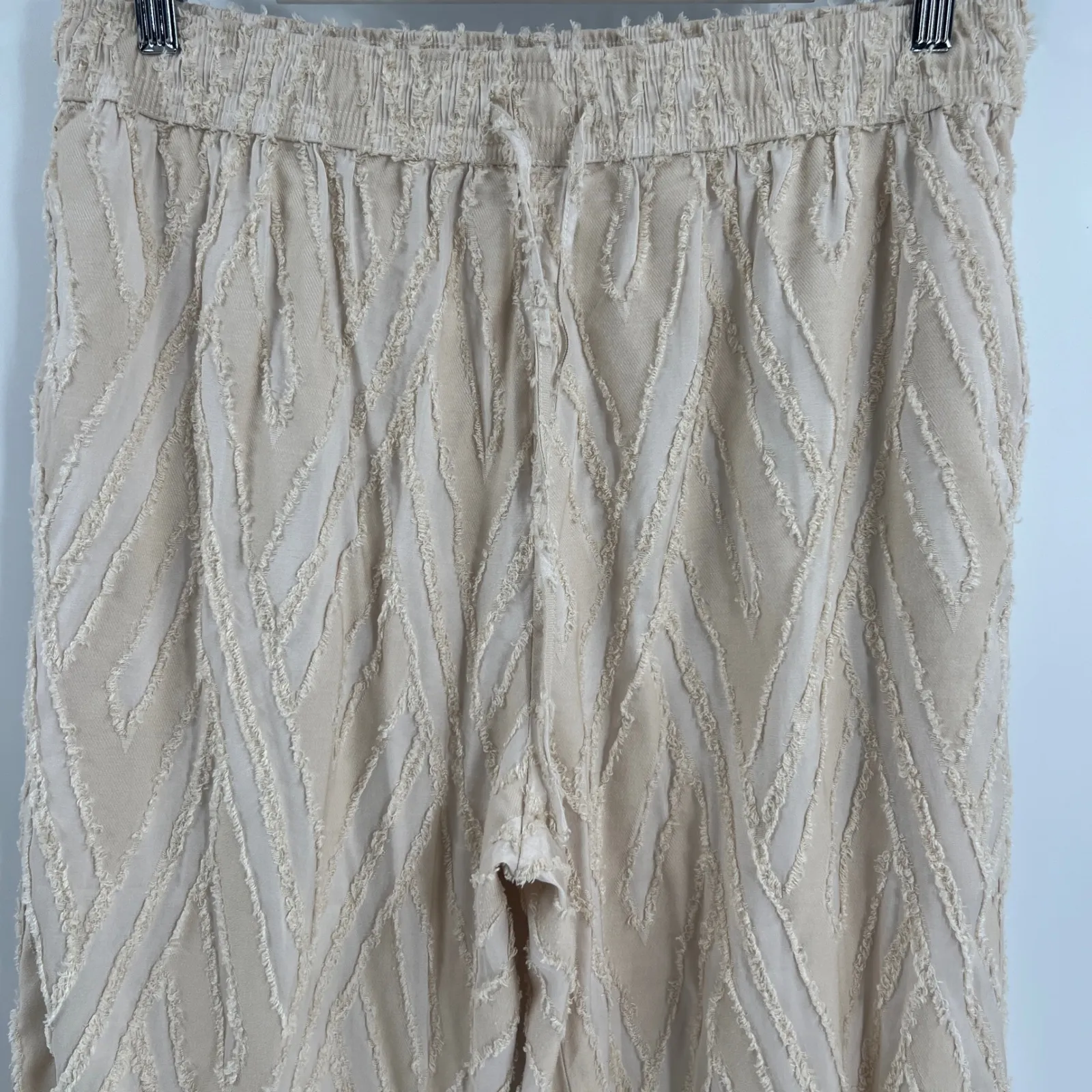 BURU Cropped Straight Leg Everyday Pants Ivory Fringe Drawstring Women's Large - Image 4