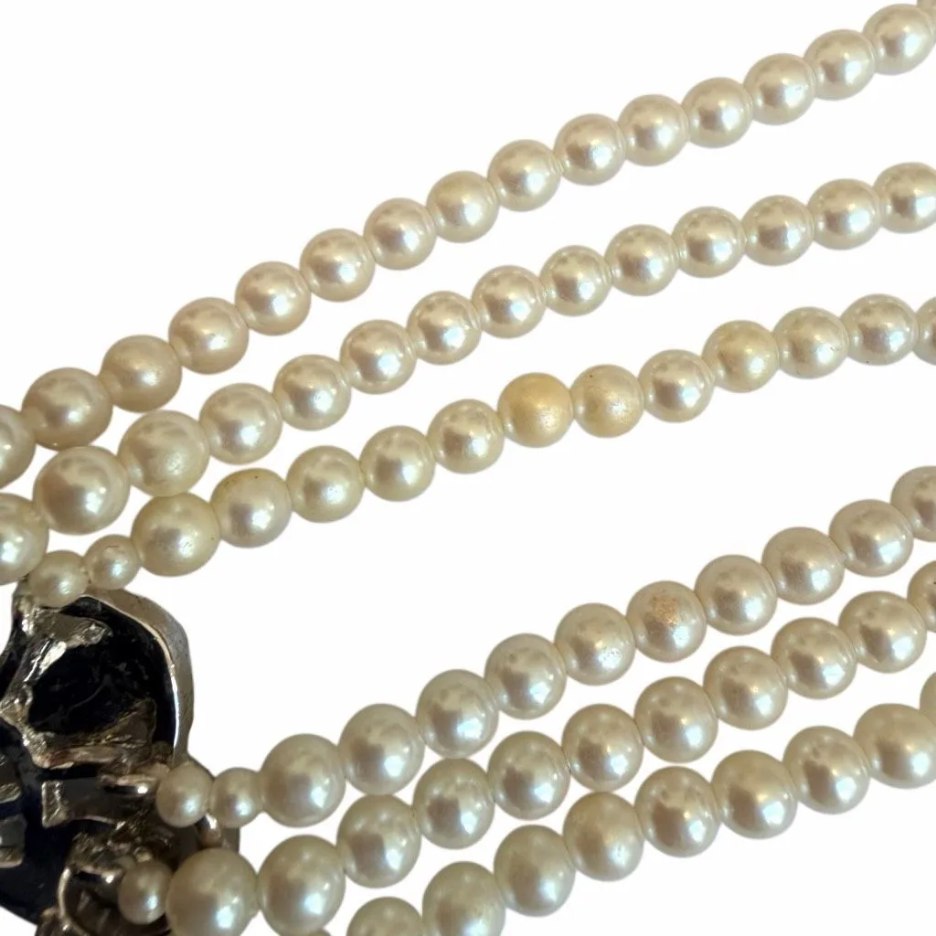 Three Strand Faux Pearl Necklace with Rhinestone Center & Drop - Image 5