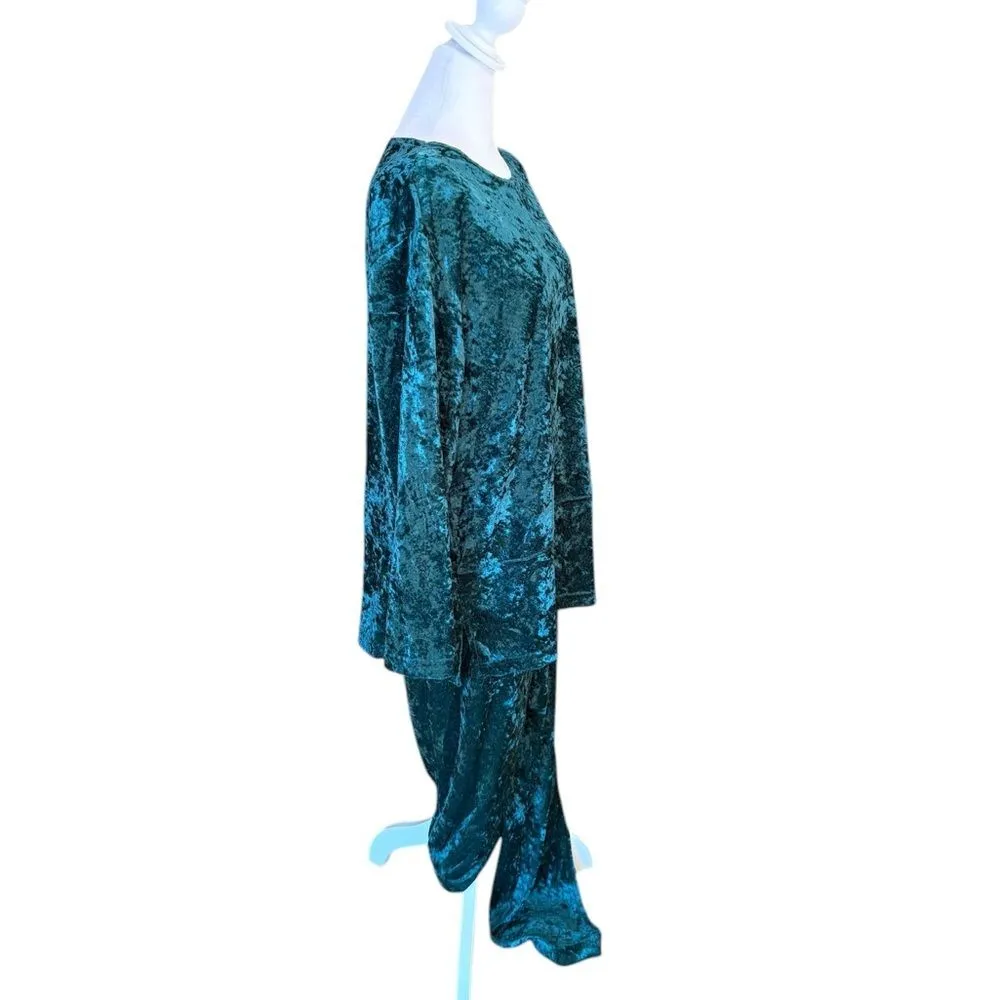 Teddi Vintage 90s Teal Green Velvet Tunic Top High Waisted Pant Set Womens Large - Image 3