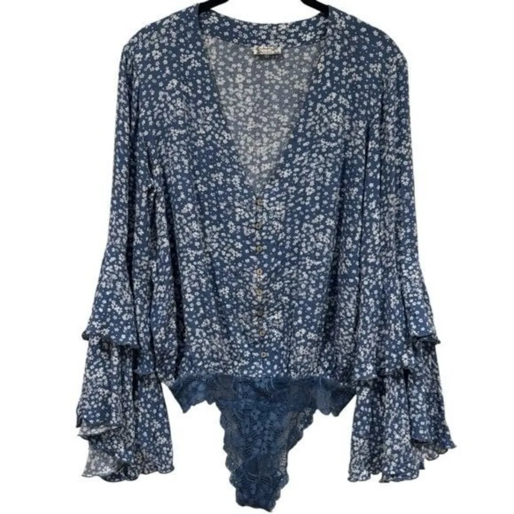 Free People Ditsy Floral Lace Bell Ruffle Sleeve Bodysuit Fairy Whimsical S - Image 2