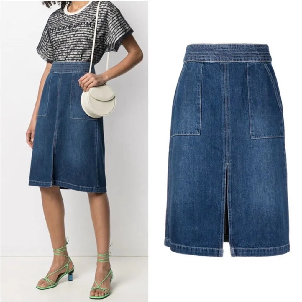 FRAME Trapunto Top Stitched Denim A Line Midi Skirt Pockets Size 27 - Image 11