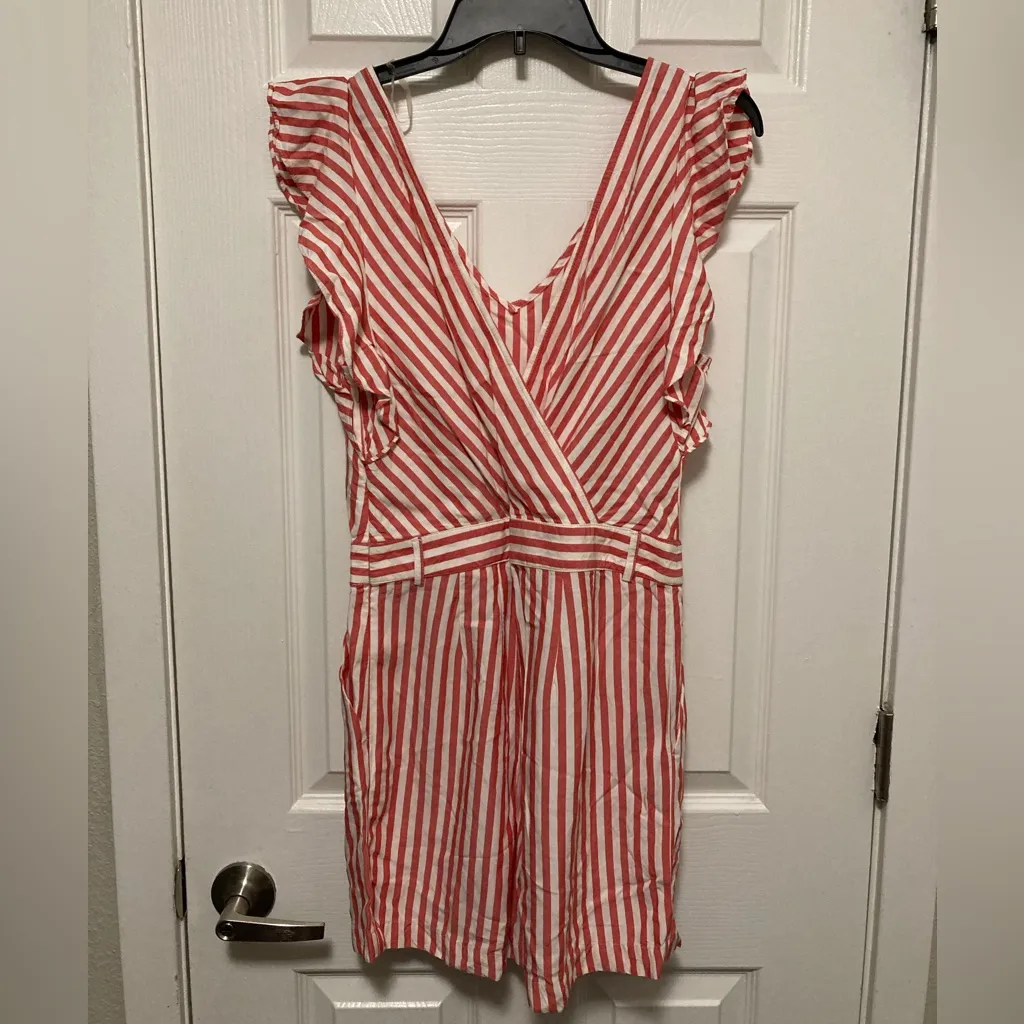LOFT Coral Red & White Striped Romper - Image 11
