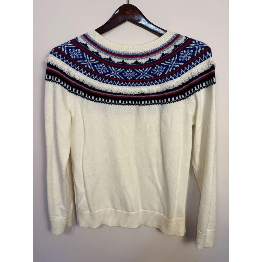 Talbots Sweater Womens‎ Large White Fringed Fair Isle Lambswool Blend Pullover - Image 3