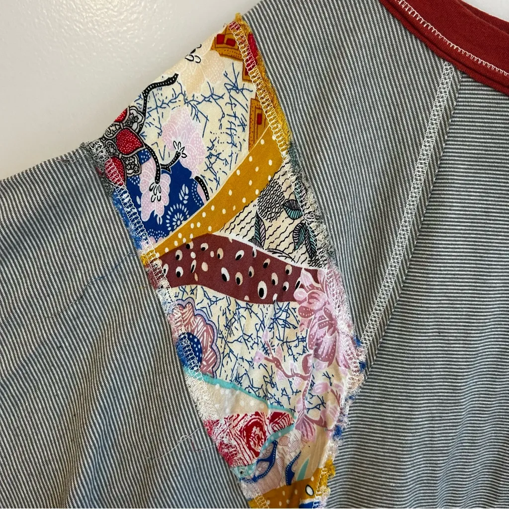 Easel Britt Patchwork Mixed Print Multi Color Striped Oversized Boho Top Small - Image 6