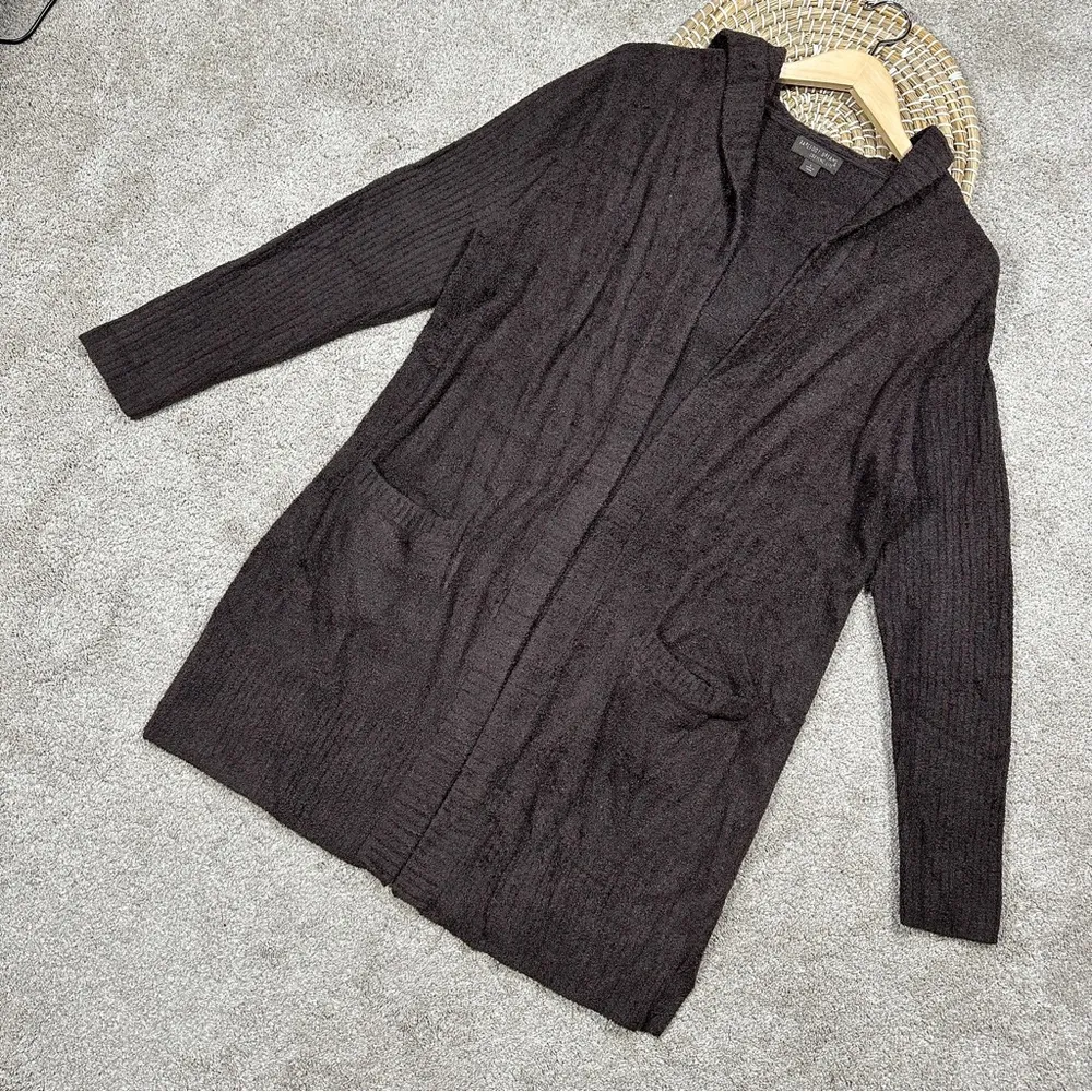 Barefoot Dreams CozyChic Lite Relaxed Hooded Cardigan Open Front Pockets Brown L - Image 3