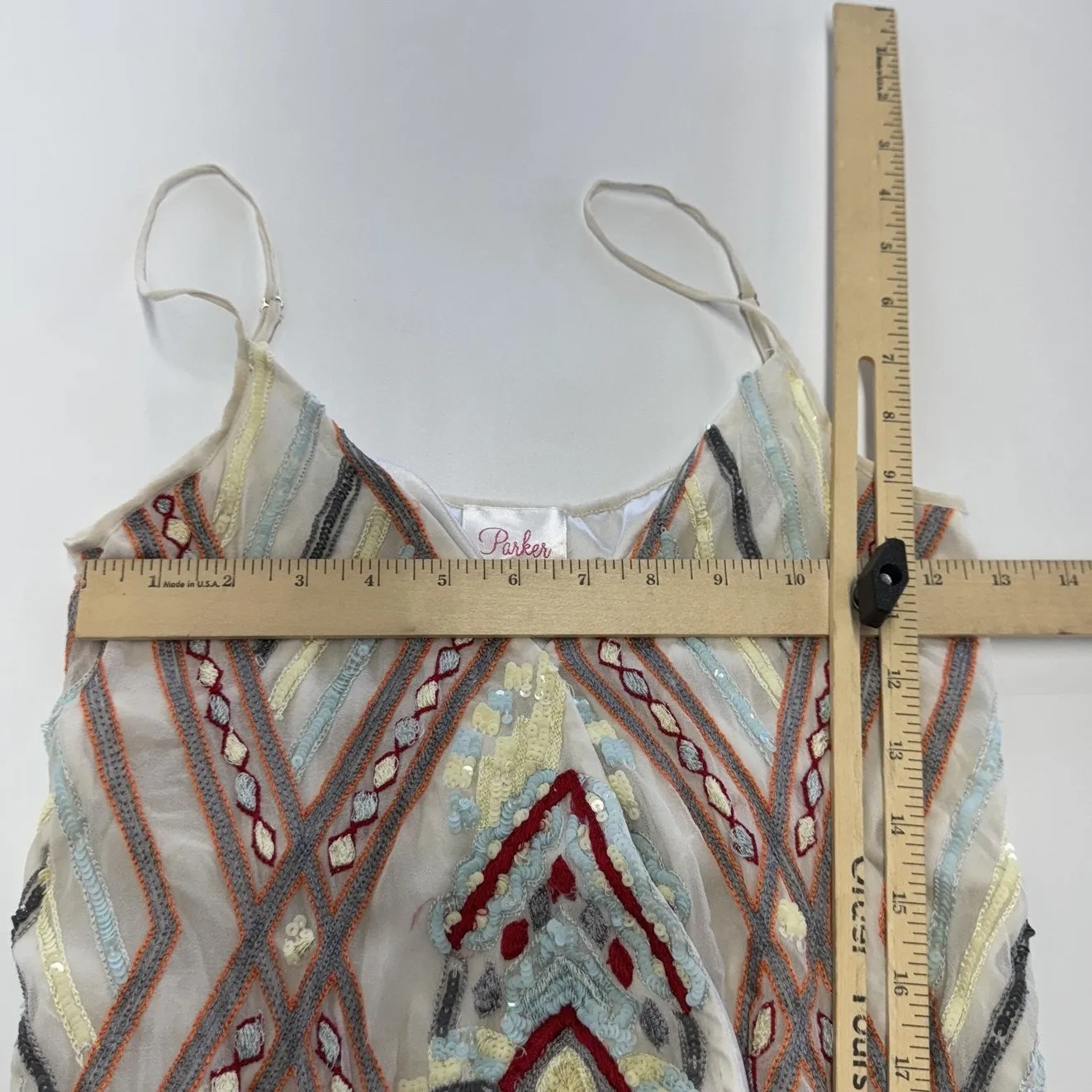 Parker Romper Womens Small Ivory Silk Beaded Sequin Embroidered Geometric V Neck - Image 6