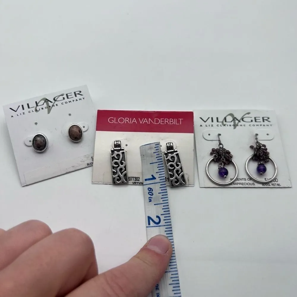 NWT Villager Gloria‎ Vanderbilt Earrings Studs Dangle Drop Classic Silver tone - Image 10