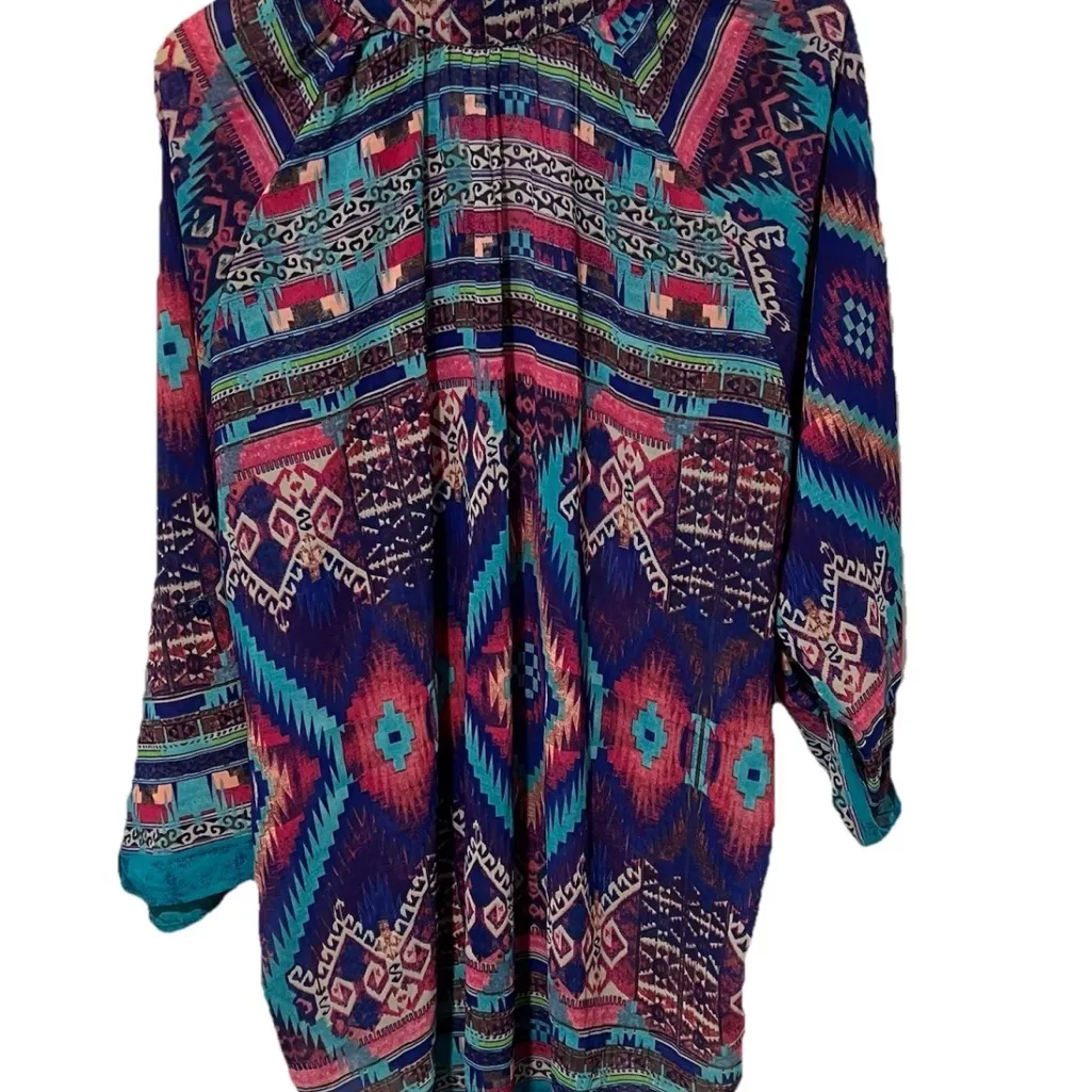Urban Mangoz V Neck Sheer Tunic Roll Tab Sleeve Boho Festival Womens 1X Aztec Blue - Image 3