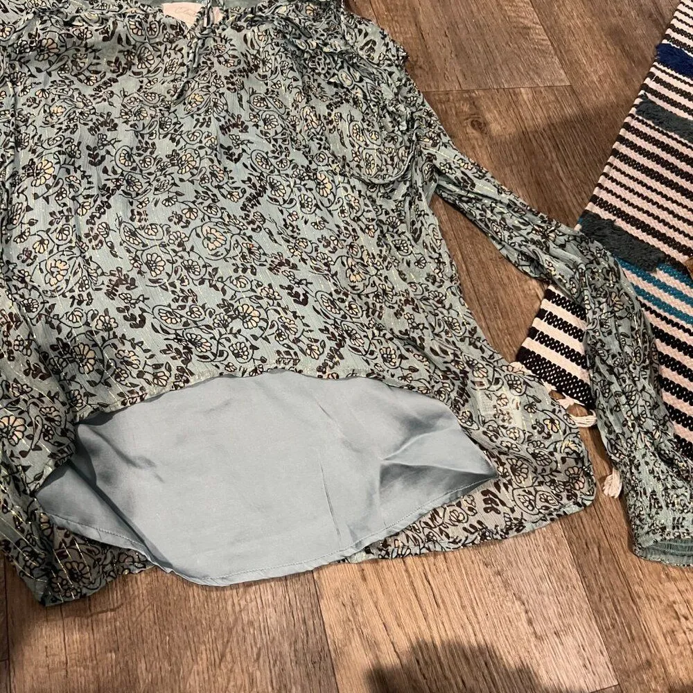 Cleobella Top Green Loretta Iris Blue Peasant Boho Metallic Chiffon XS - Image 6