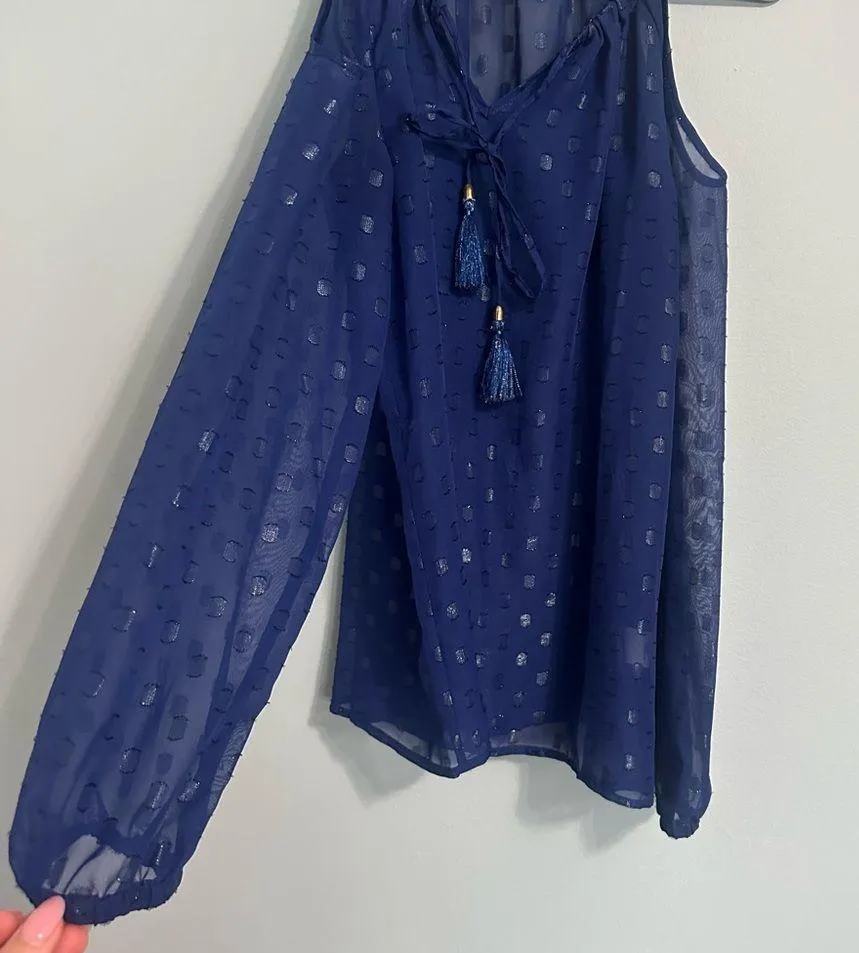 🦋 Macbeth Collection Sheer Navy Blue Open Shoulder Long Sleeve Blouse XS - Image 5