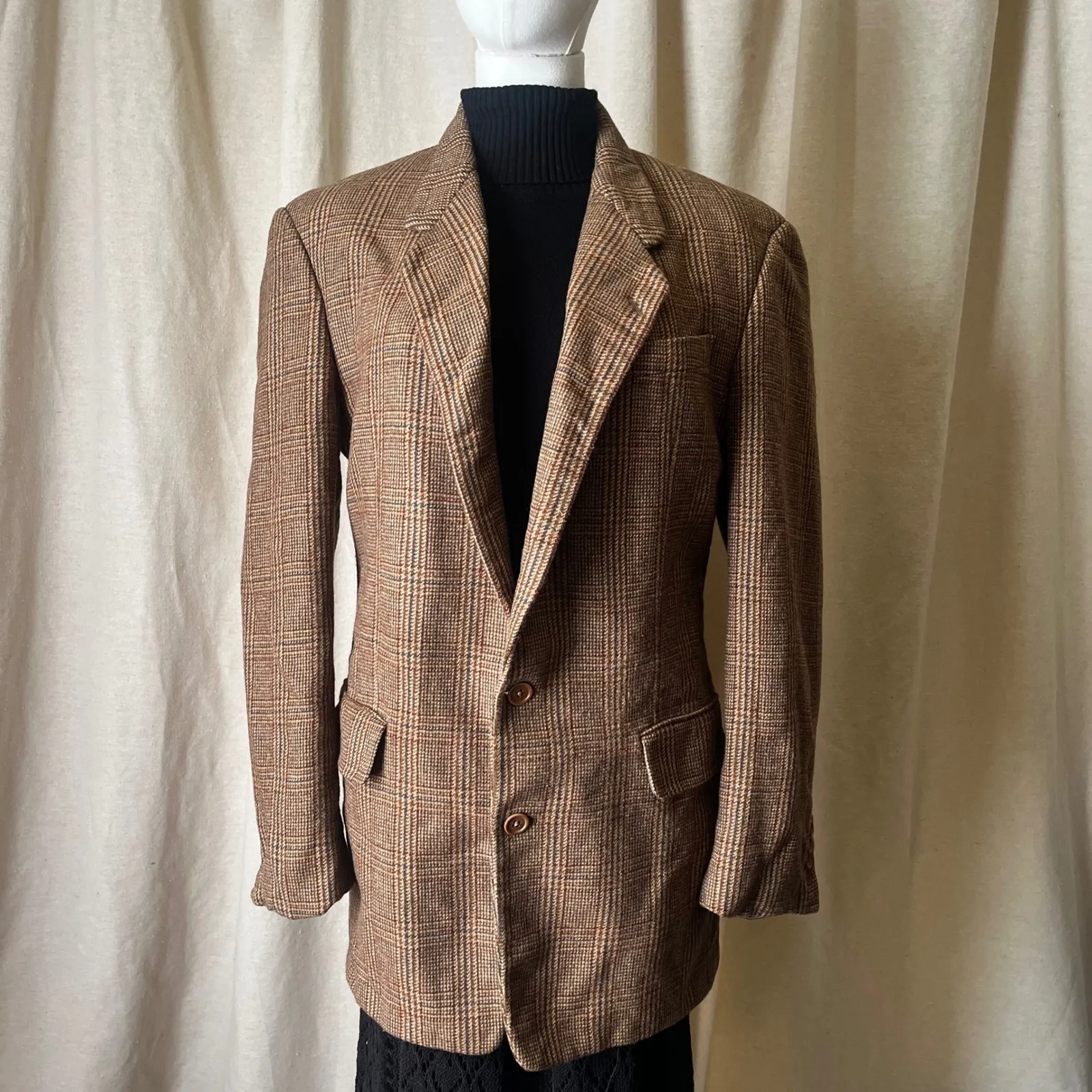 Vintage Karl Lagerfeld Paris Glen Plaid Wool Blazer Brown Check Tweed 80s - Image 6