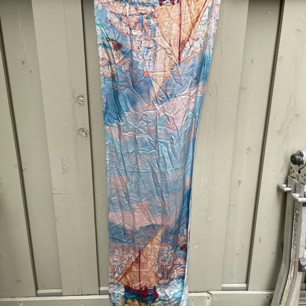 100% Silk Satiny Scarf Neck / Head Wrap Abstract Sail Boat Scene Multifunctional Blue - Image 4