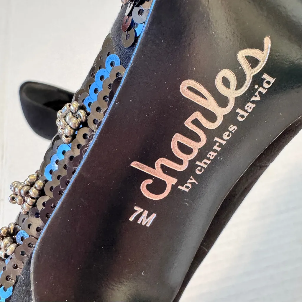 Charles David Black Suede Leather Beaded Heels Pumps Womens 7 Classic Preppy - Image 6