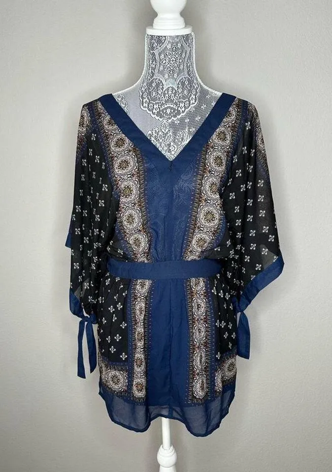 FREE PEOPLE Womens Boho Printed Kimono Tied Sleeve V-Neck Mini Dress Size XS - Image 3