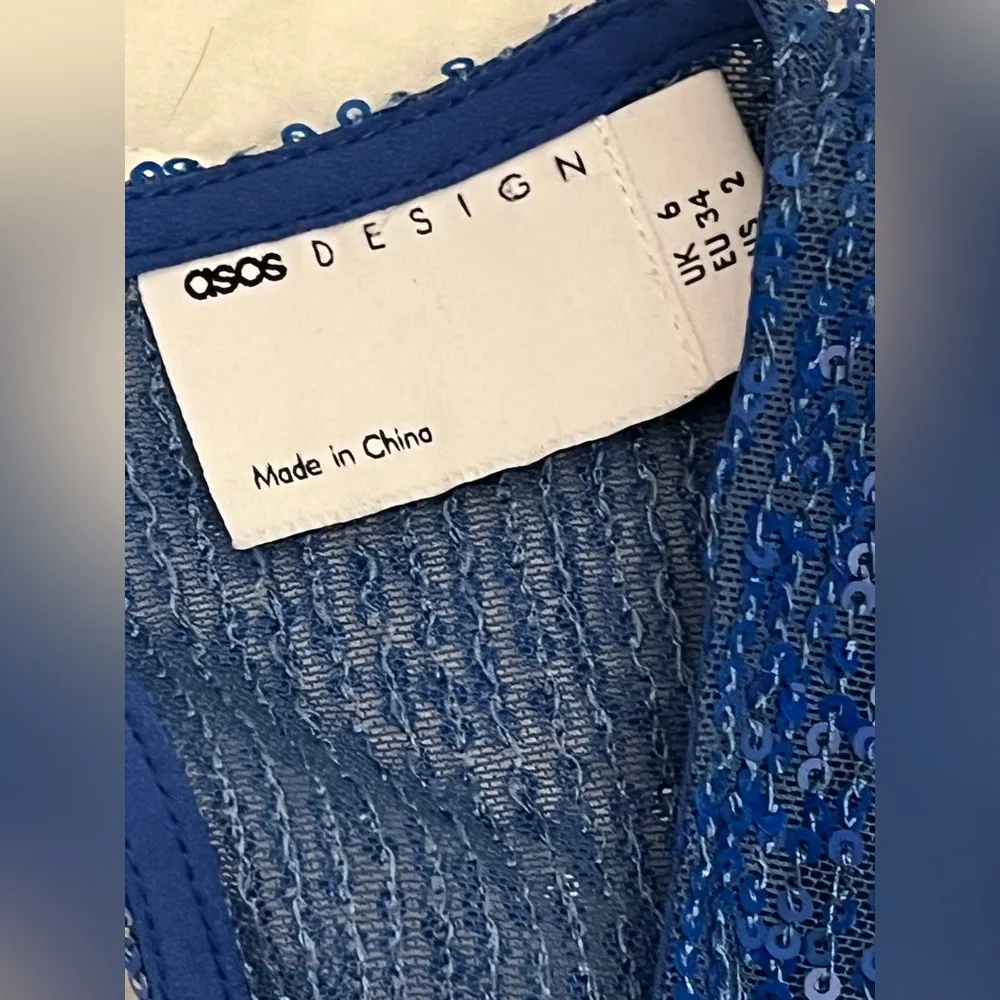 NWOT ASOS DESIGN embellished drape detail midi dress with button detail in blue - Image 8