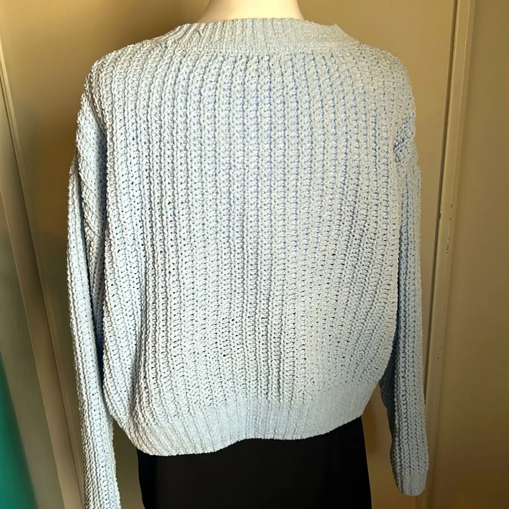 SO Chunky Knit Chenille Light Blue Slight Crop Hemline Long Sleeve Sweater - Image 7