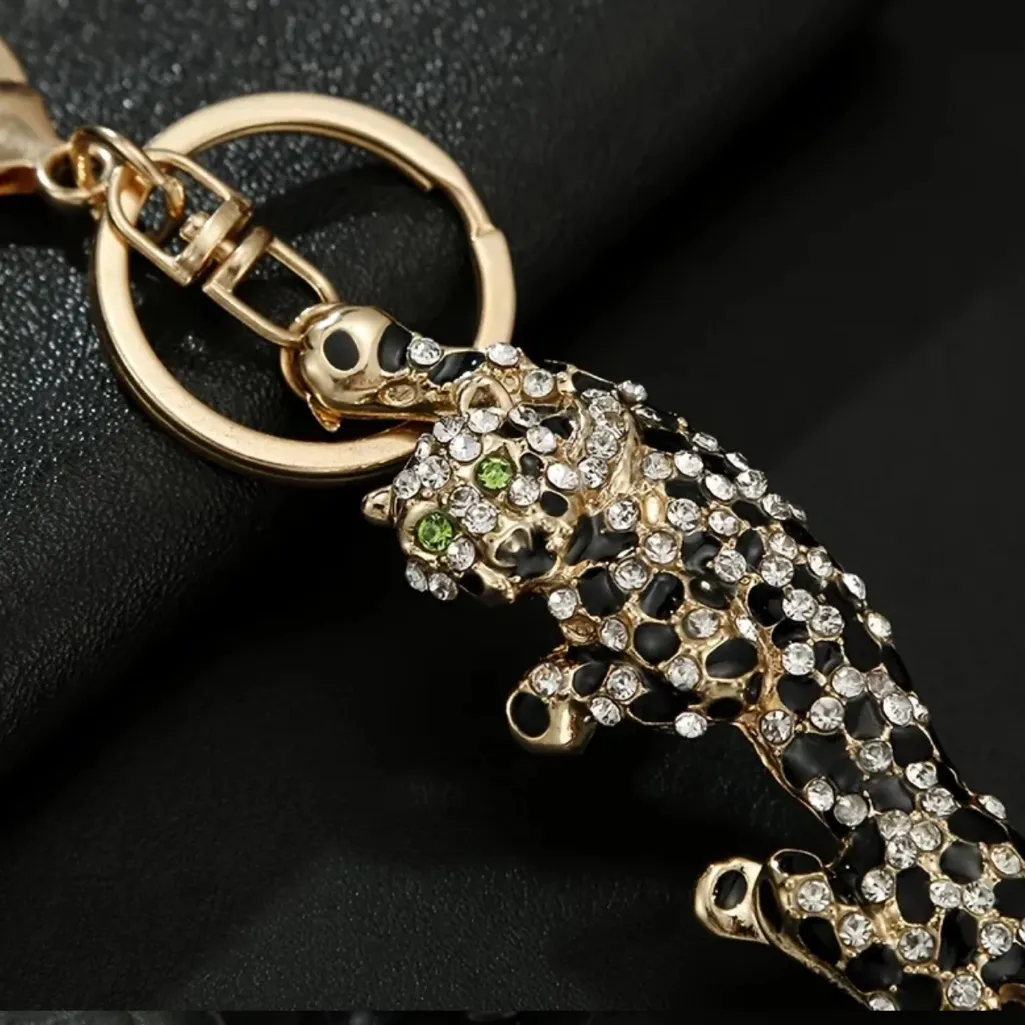 🐆 LEOPARD Climbing Bag Charm Keychain Rhinestones Green Eyes Gold - Image 9