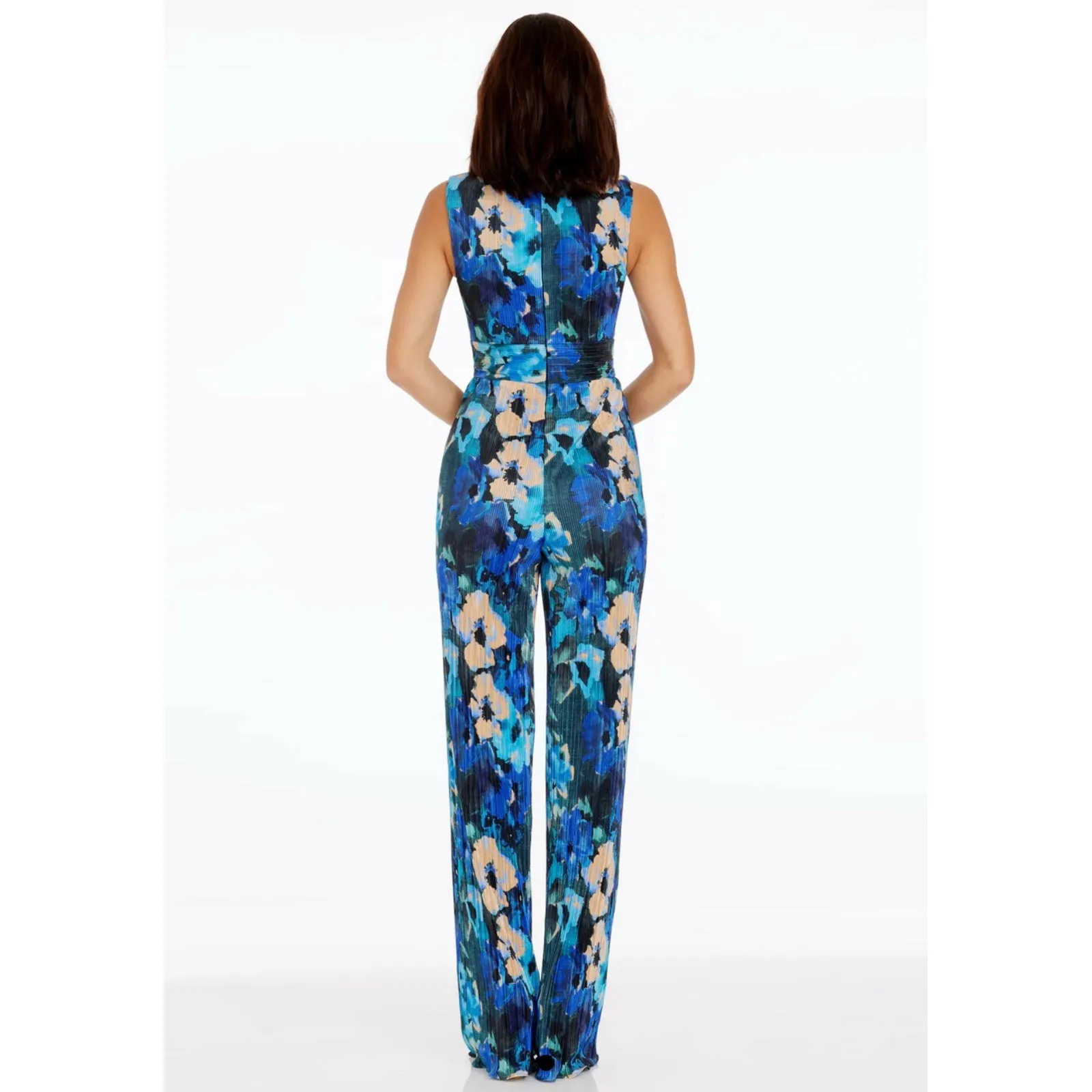 DRESS THE POPULATION Hunter‎ Floral Print Plissé Sleeveless Jumpsuit Cobalt XXS - Image 7