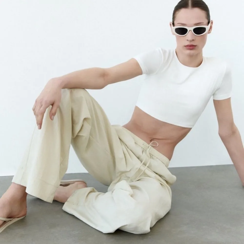 Zara Nylon Pajama Drawstring Pants ECRU Size L - Image 6