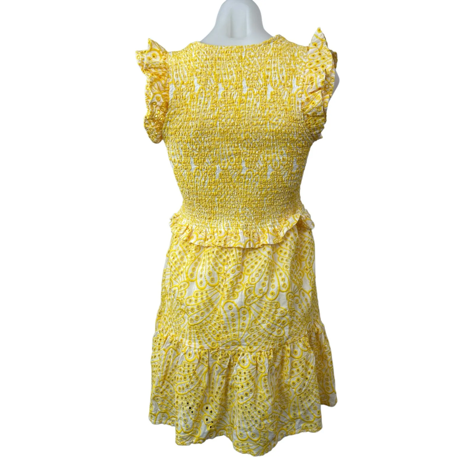 Elan Yellow Eyelet Smocked Ruffle Scoop Neck Short Sleeve Mini A-Line Dress Sz S - Image 2