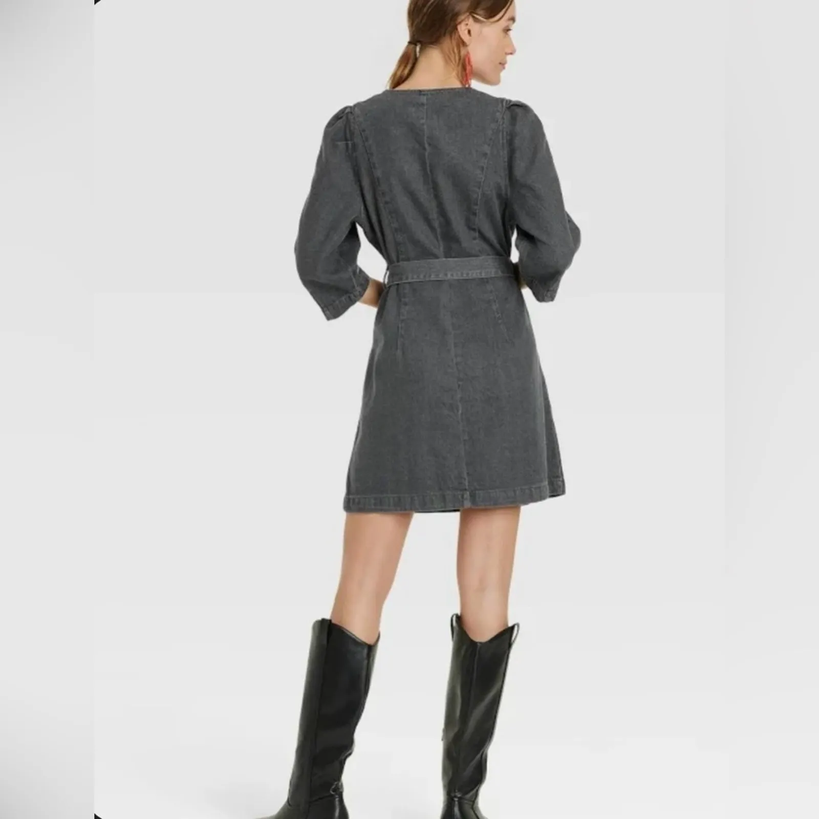 Universal Thread Belted Mini Dress Womens XL Gray Denim Chore Coastal Cowgirl - Image 2