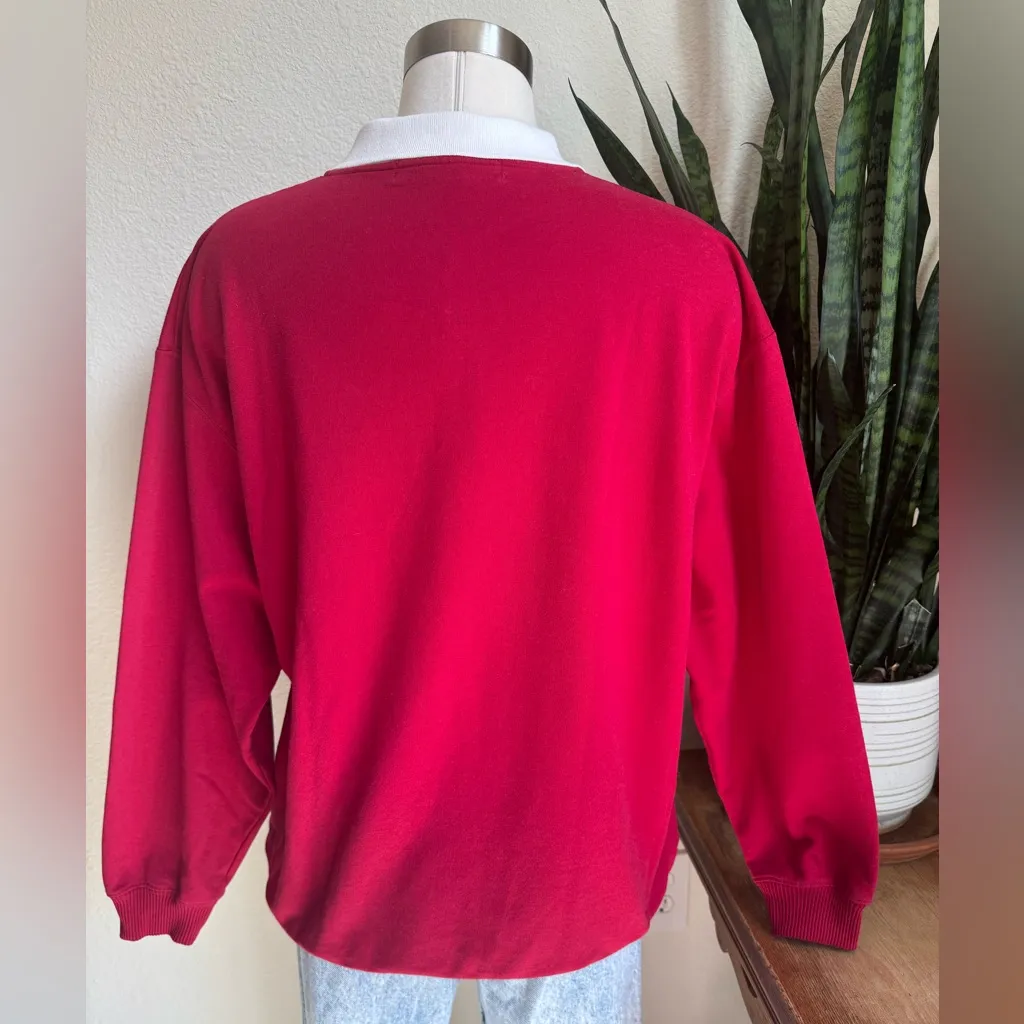 Vintage‎ Red Fall Sweatshirt – 90s Collared Pullover Embroidered Leaves XL - Image 7