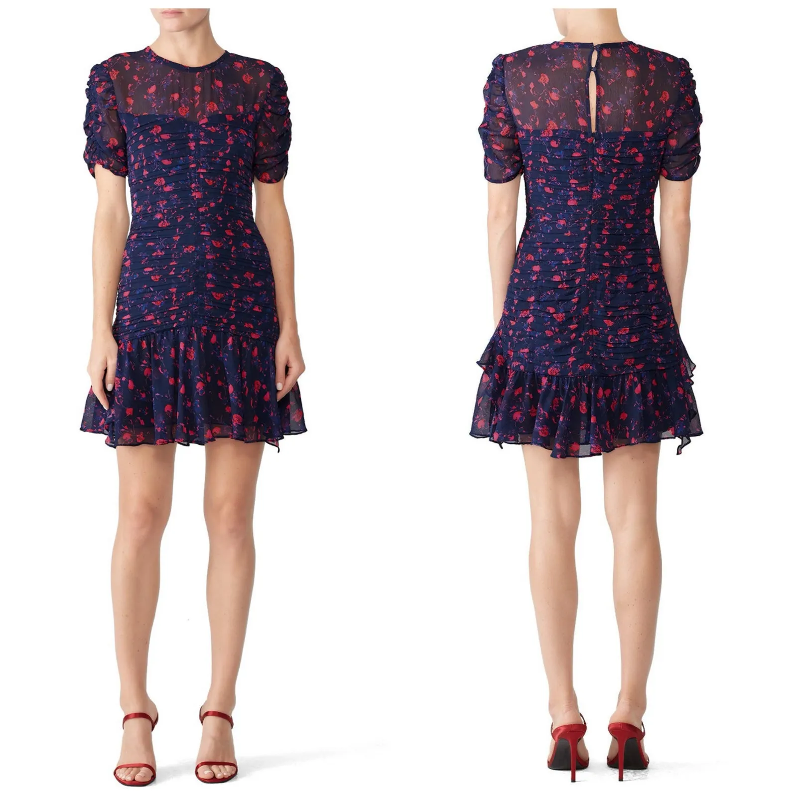 Tanya Taylor Falling Floral Carti Dress Size 10 Purple Silk Ruched Cocktail - Image 3