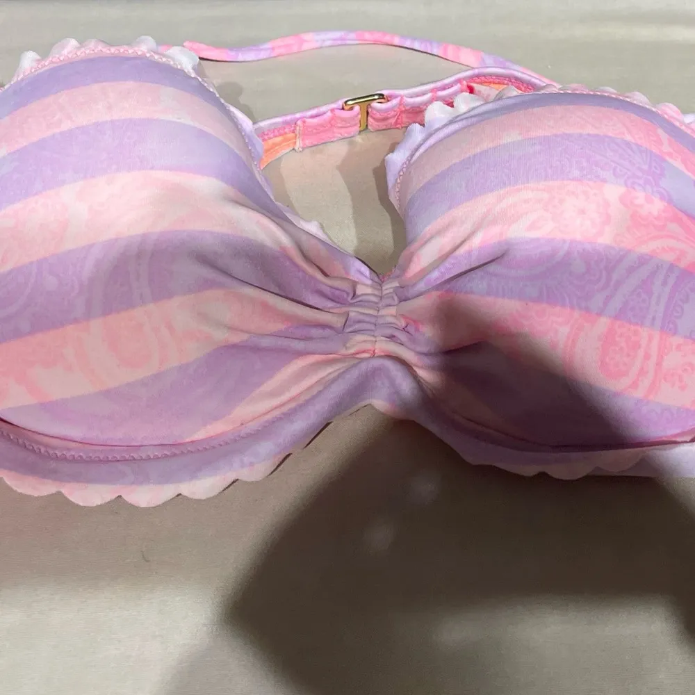 Victoria's Secret Striped Pastel Pink Peach Ruffle Halter Bra 34B Y2K - Image 4