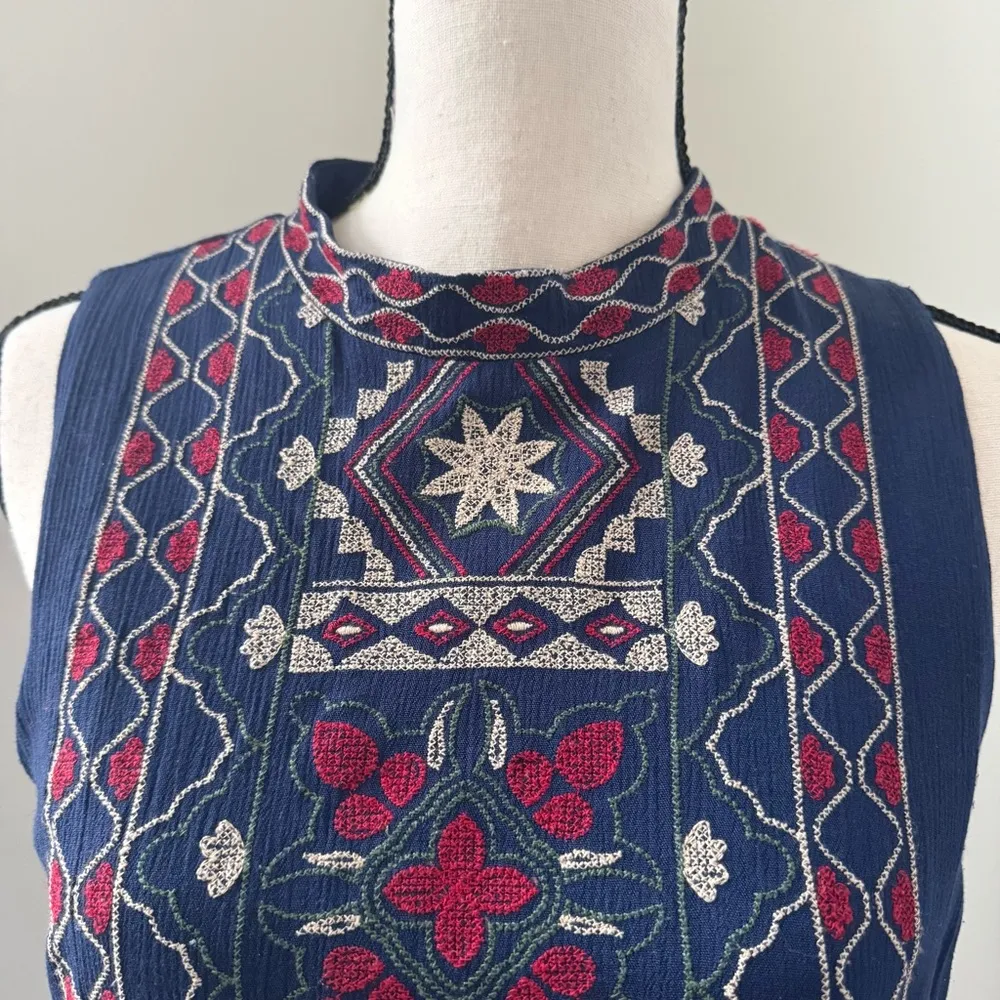 Francescas Mi Ami M Blue Embroidered Festival High Neck Sleeveless Dress Boho - Image 3