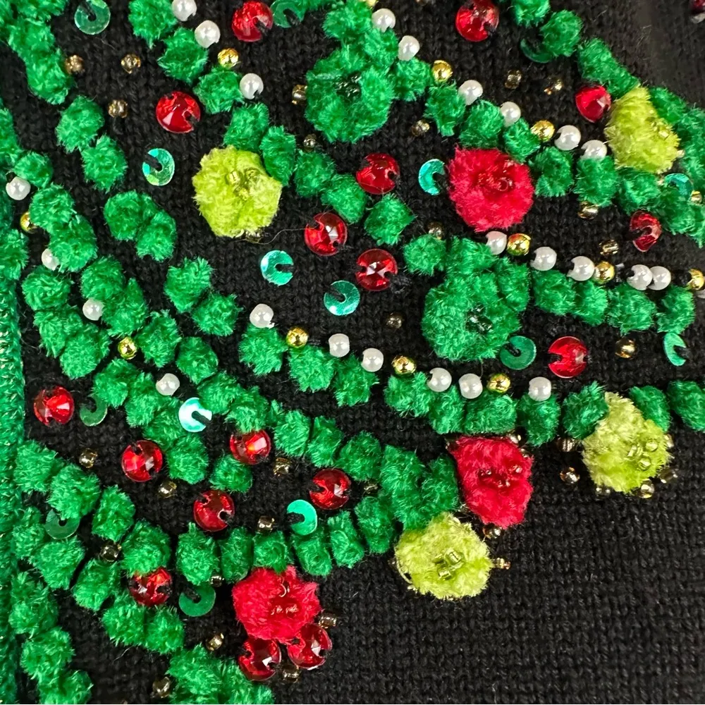 Just B Black Christmas Tree Beaded Rhinestone Zip Front Cardigan Sweater Small - Image 8