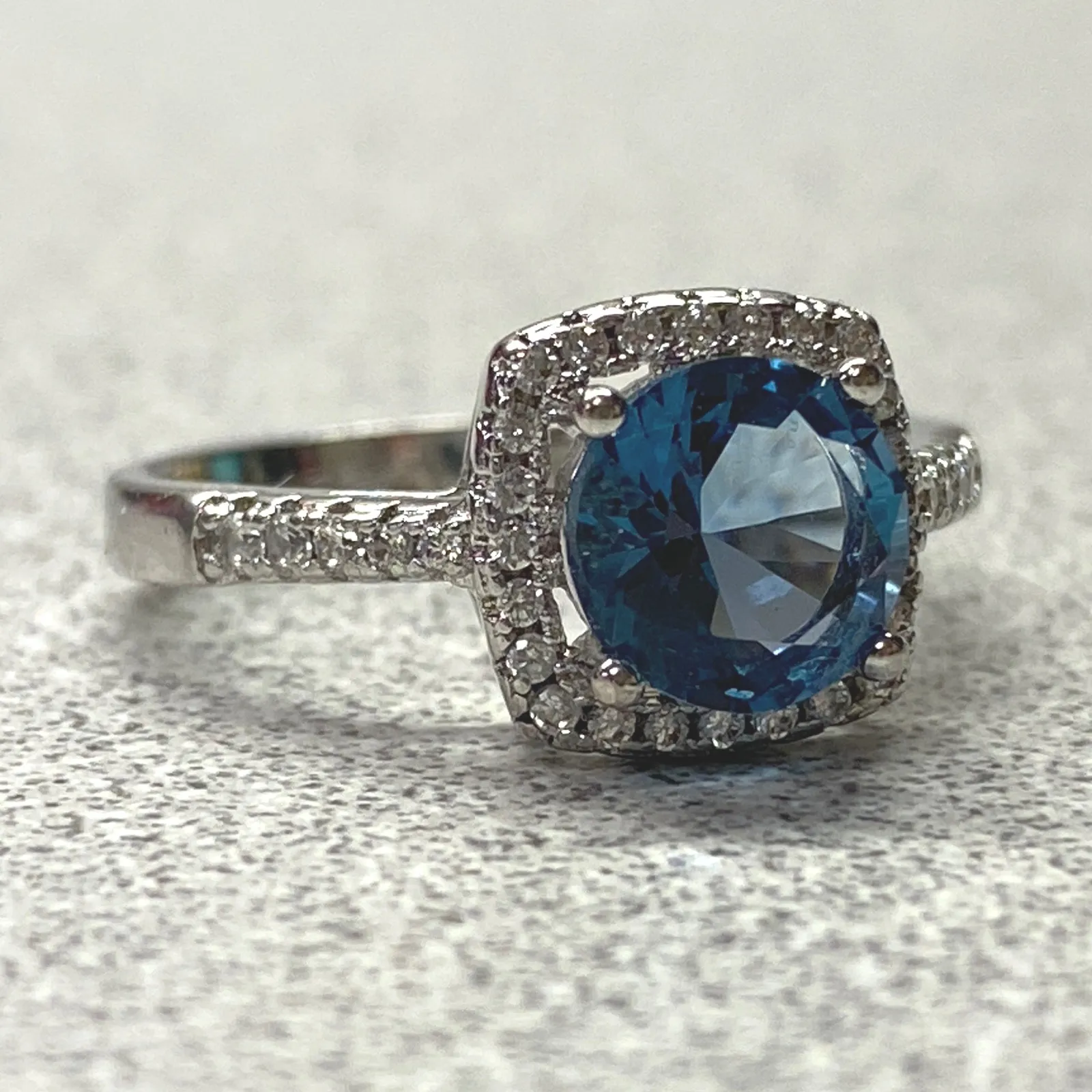 Sterling Silver Blue Topaz Cushion Cut Diamond Halo Ring Size 6 Anniversary Gift - Image 2