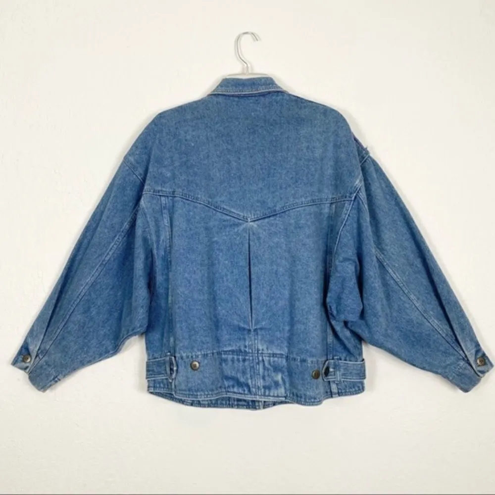 Vintage Jean Jacket with Pleating and Lace Collar Blue Size L - Image 3