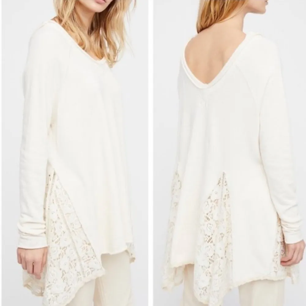 Free People No Frills Ivory Lace Inset Oversized Asymmetrical Sweater W-775 Sz S - Image 3