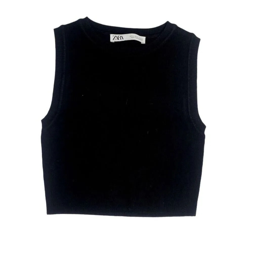 ZARA Casual Ribbed Sleeveless Knit Crop Top Crew Neck 90s y2k S Black #3137 - Image 3